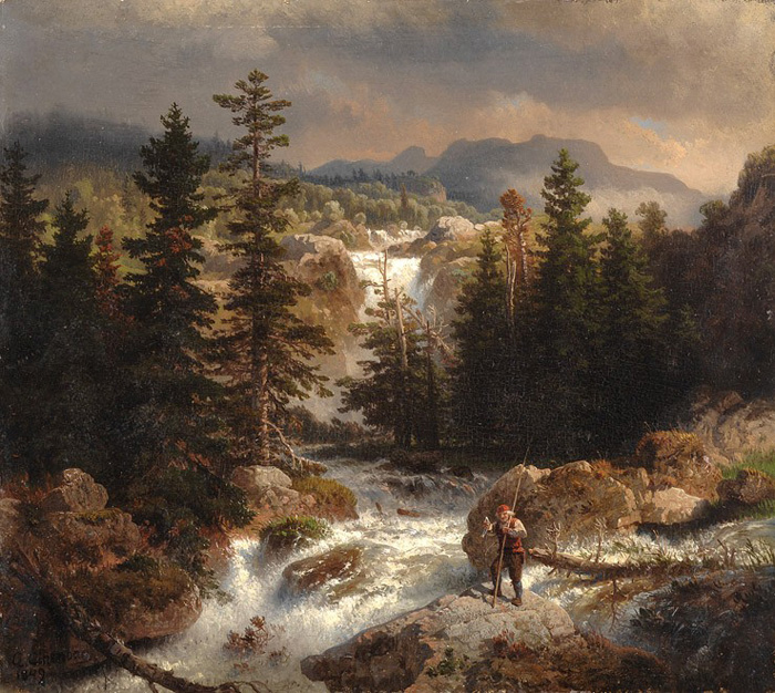 fisherman inspecting his catch near a mountain torrent